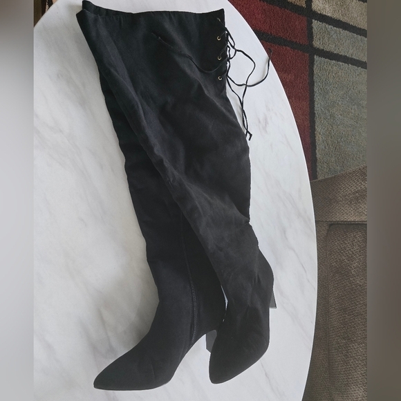 Nadia x FTF Mid Thigh Boots Women Sz 9W Black Ophelia Suede Back Laces New - Picture 4 of 14